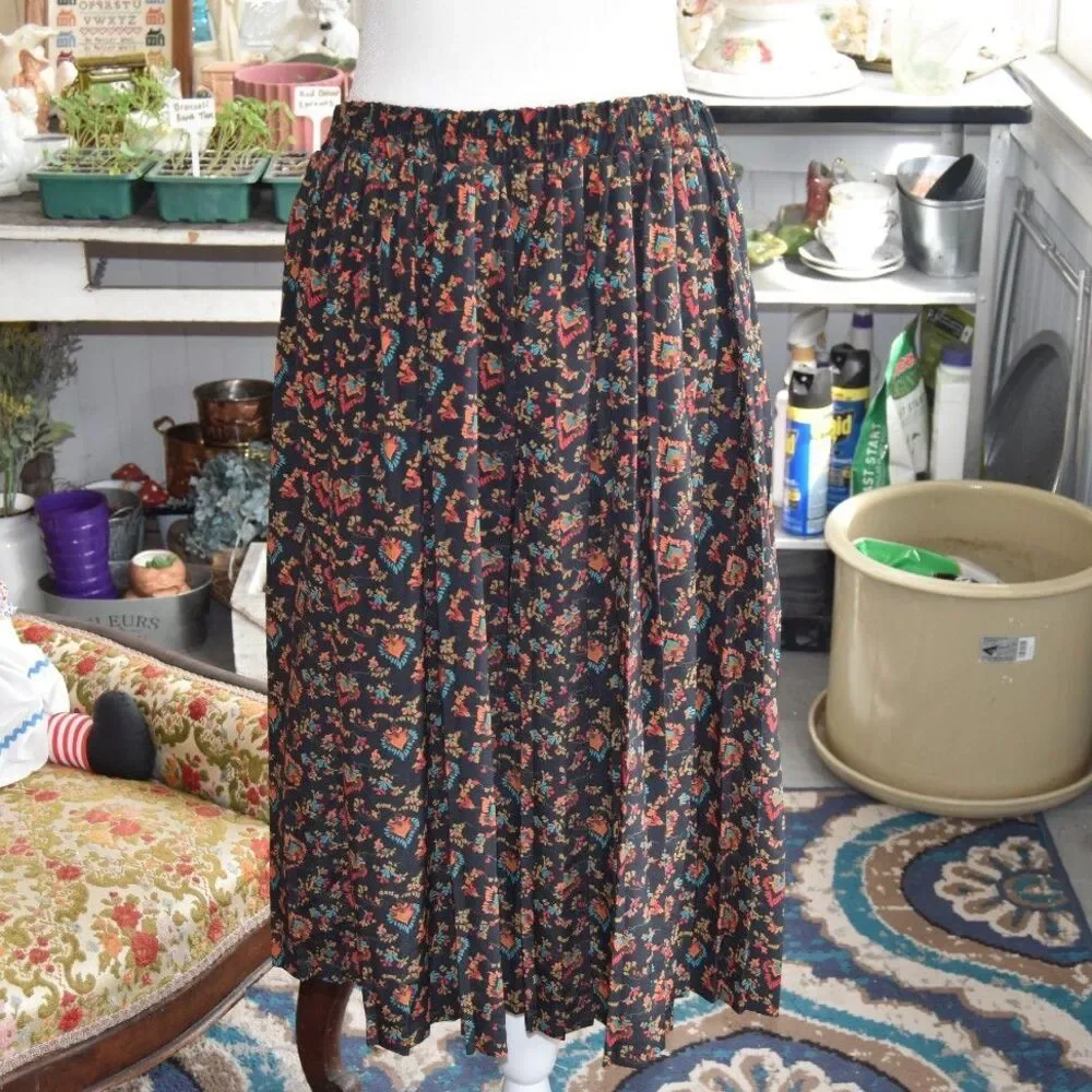 Vintage 90s Diversity Rayon Midi Skirt Boho Floral Cottagecore M/L
